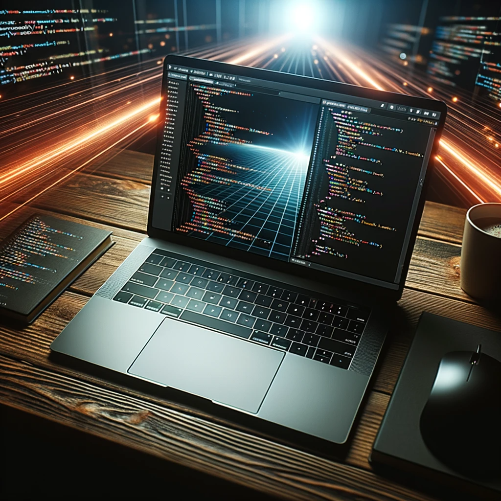 Photo of a laptop on a wooden table, screen illuminated with a programming IDE displaying professional and efficient code.